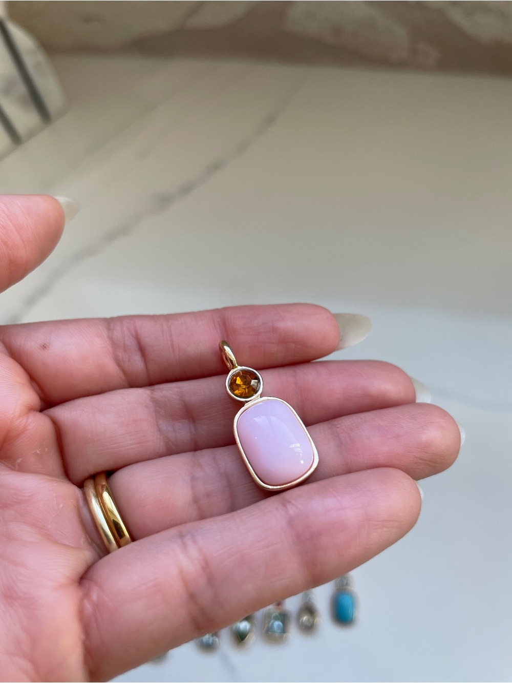 Vintage-Style Amber Glass Resin & Pink Enamel Two-Stone Pendant, Gold Plated